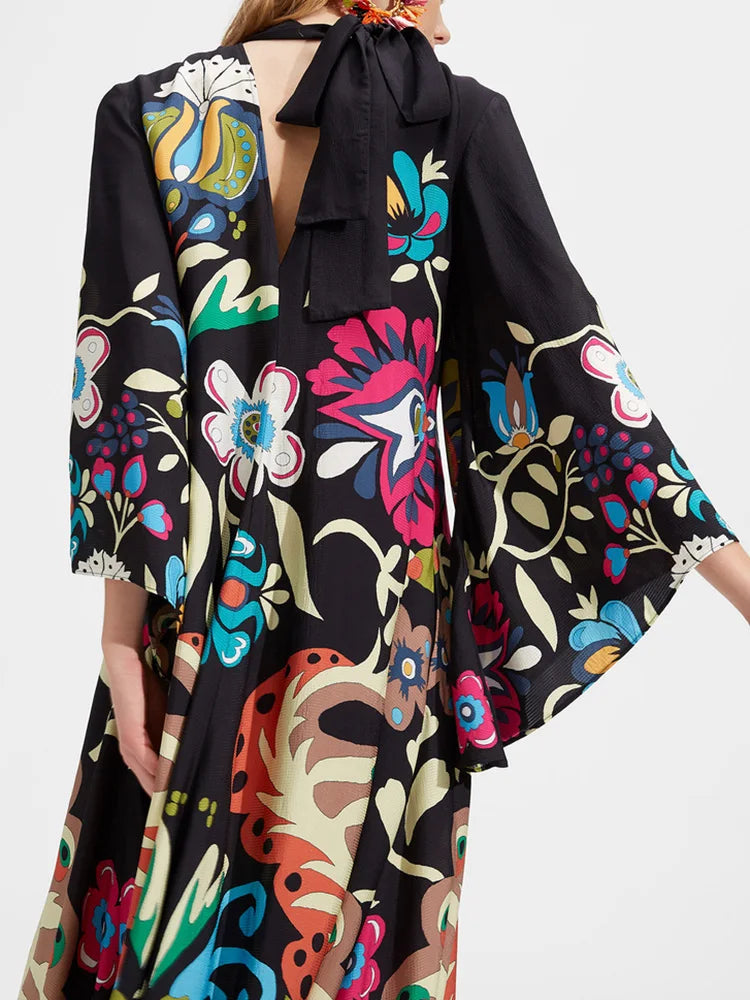 Elegant Stand Collar Printed Dress – High Waist Long Sleeve Casual Party Wear | فستان نسائي أنيق بطبعة وياقة عالية – خصر مرتفع وأكمام طويلة لإطلالة كاجوال أو حفلات