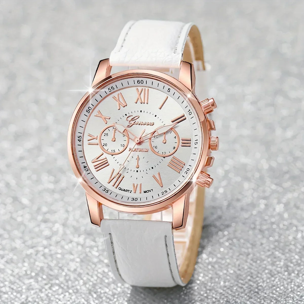 5pcs/set Women's Watch Casual Round Pointer Quartz Watch PU Leather Wrist Watch & Faux Pearl Jewelry Set, Gift For Mom Her