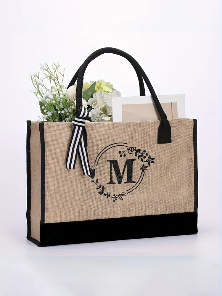 Personalized alphabet printed single shoulder linen men's bag large capacity handbag open handle handbag handbag