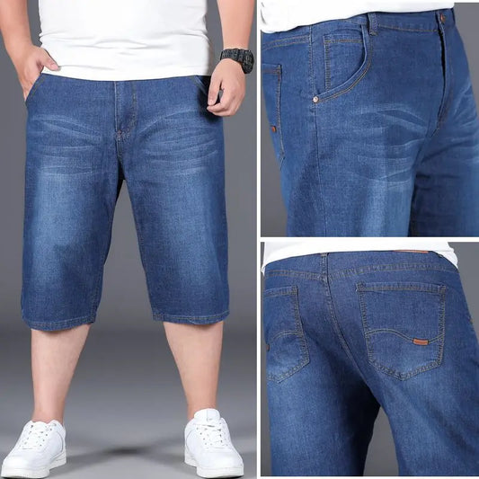 New Big Size Long Length Men's Shorts Loose Stretch Jean Bermuda Male Thin 3/4 Capris Summer Light Large Plus Fat Denim Breeches
