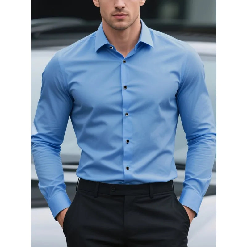 Bolubao Men Smart Casual Shirt Brand Fashion Solid Color Long Sleeve Elastic Fabric Male Business Dress Black Shirt