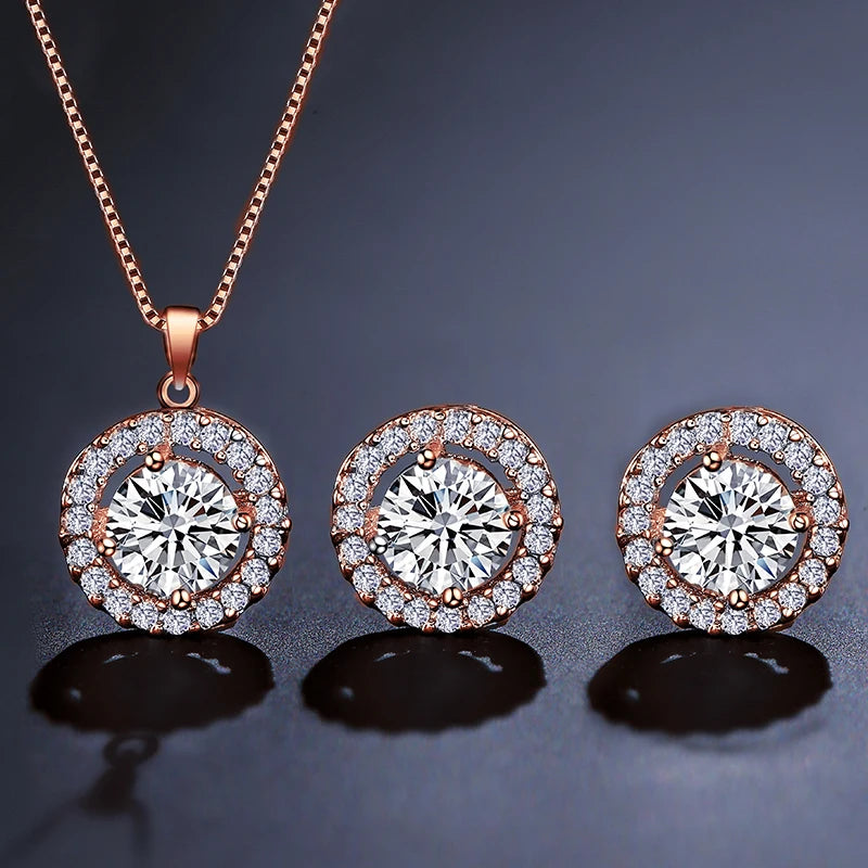 Simple Geometric Round Zircon Pendant Necklace for Women Clear AAA Zirconia Crystal Charm Chain Necklaces Wedding Jewelry Sets