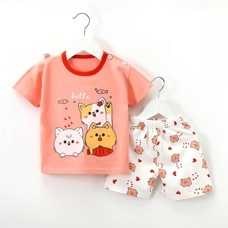 Kids Summer Clothes Set Cartoon Baby Tops Shorts Set 2Pcs Cotton Children Loungewear Suit Kids Girls Boys Sport Outfit Suit