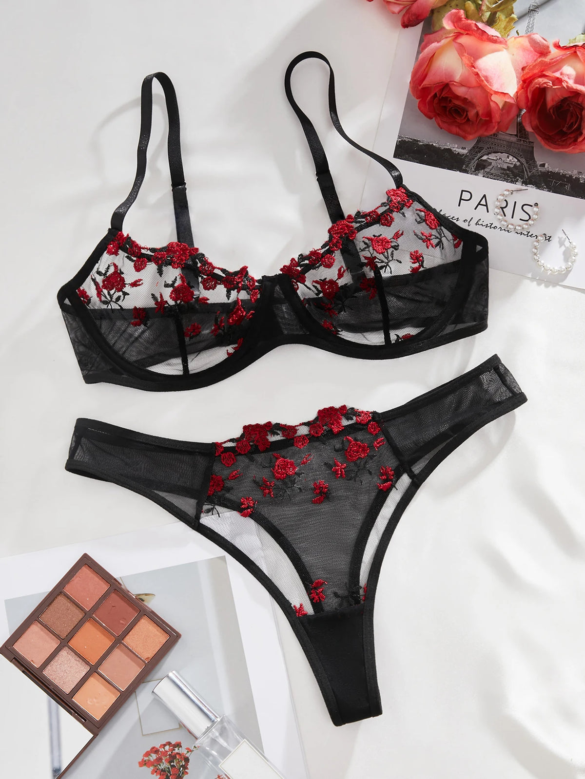 Black And Red Floral Embroidery Bra Set Women's Half Cup Underwear Thin Breathable Thong 2-Piece Set Valentine's Day Gift