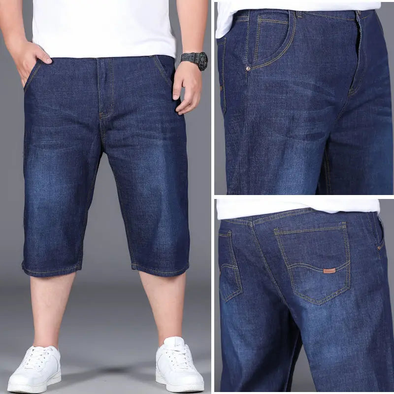 New Big Size Long Length Men's Shorts Loose Stretch Jean Bermuda Male Thin 3/4 Capris Summer Light Large Plus Fat Denim Breeches