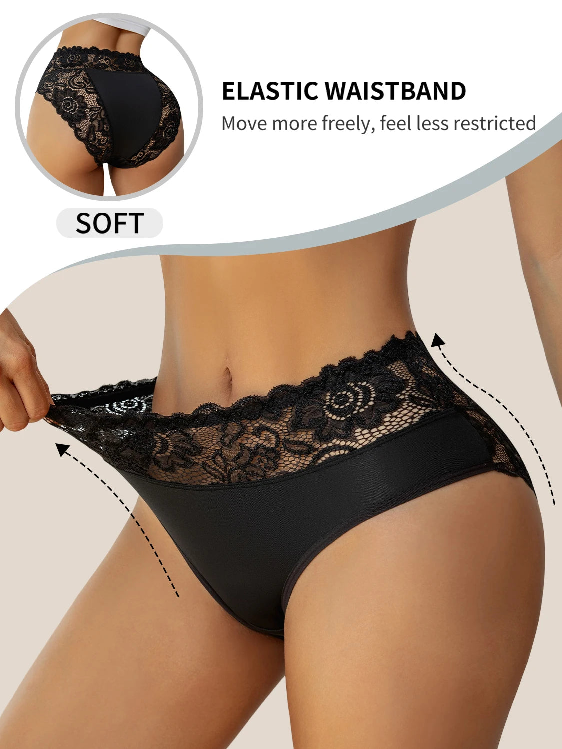 3PCS New High Waist Comfortable Women's Underwear Exquisite Floral Lace Details Briefs Solid Color Panties Casual Daily