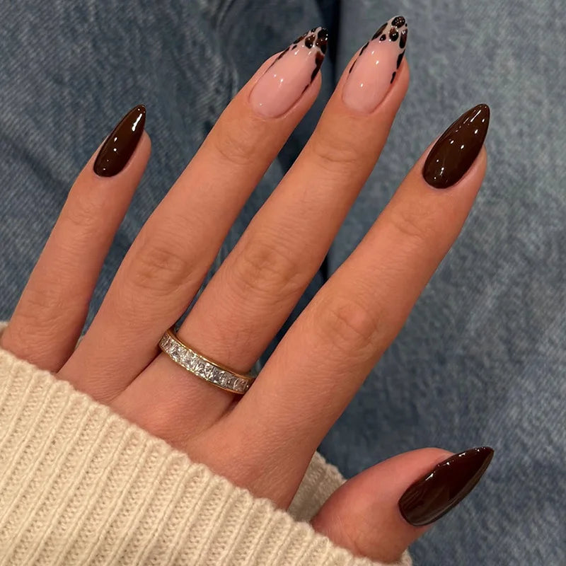 24pcs Black French Tips Almond Fake Nails Detachable Simple Long Press on Nails Rhinestone Design Stick on Finished False Nail