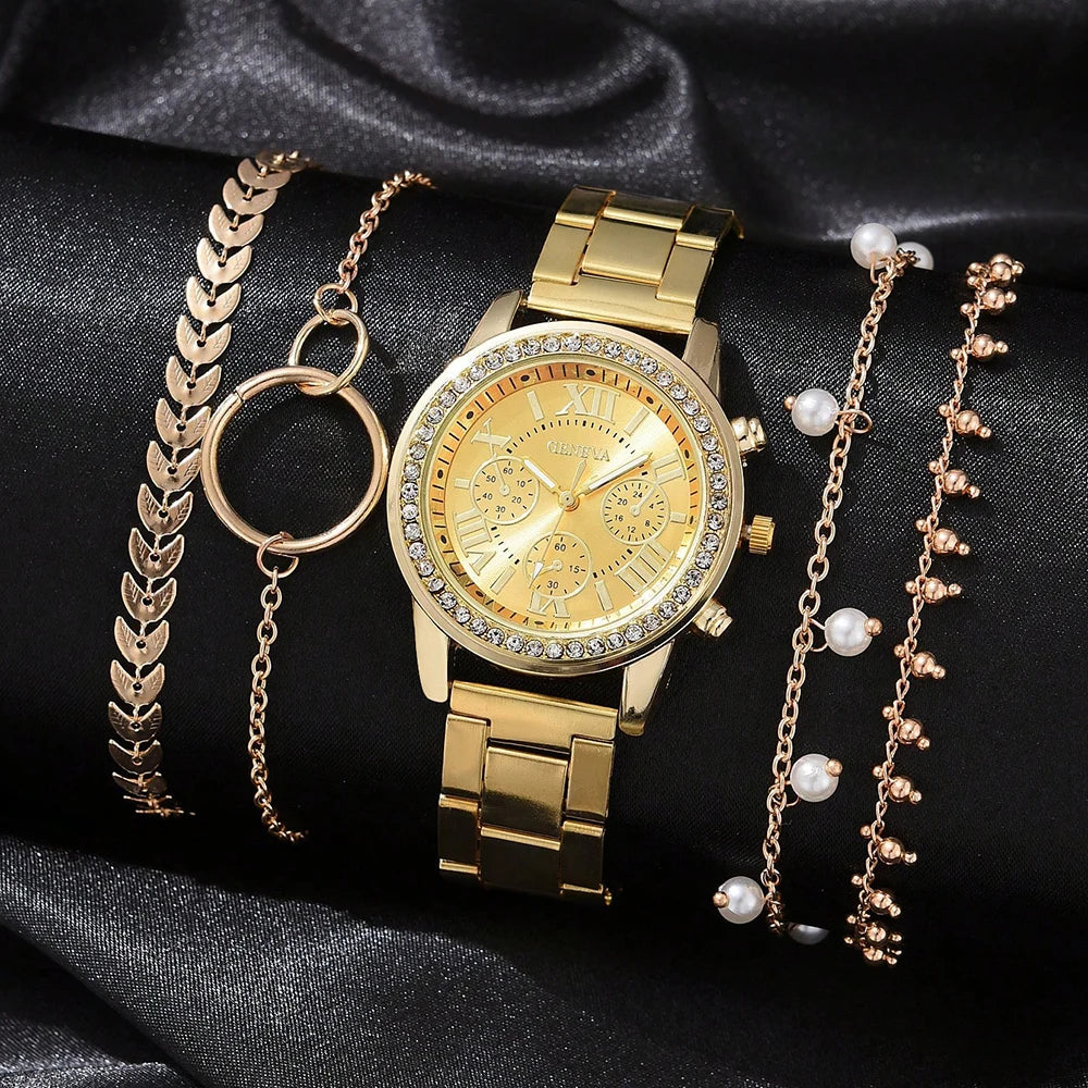 5PCS Quartz Watch Set Women Fashion Silver Round 3 Eyes Alloy Strap Wristwatch Gift Rhinestone Watch For Women Jewelry Set