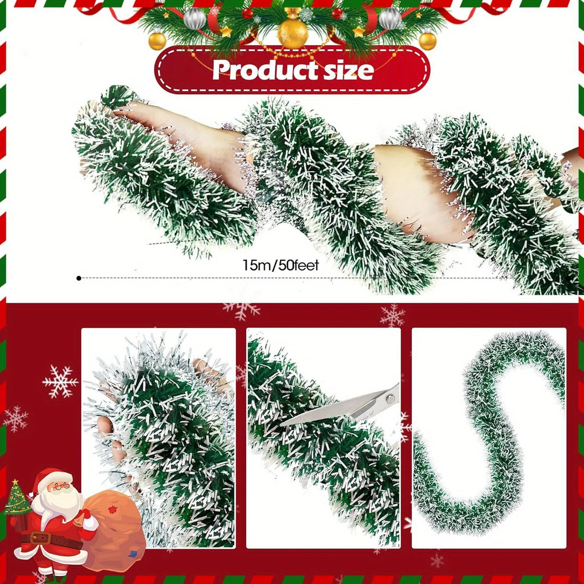 6m Classic Christmas Tinsel Garlands Green & Silvery Glitter, No Power Needed, Perfect for Xmas Tree Decorations