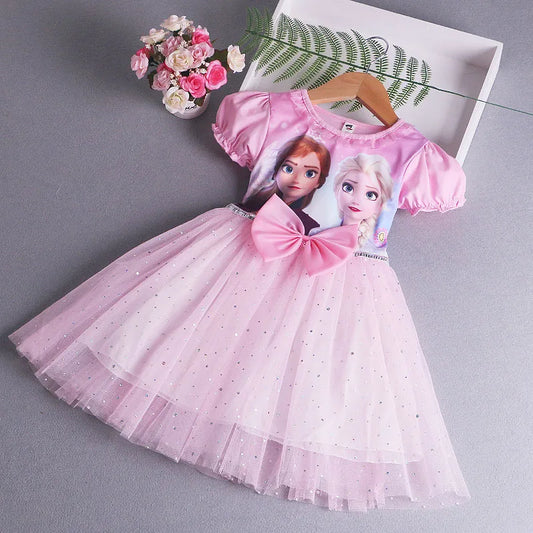 Disney Elsa Princess Dress with Cape Girls Dress Summer Kids Short Sleeve for Children's 2-8Y