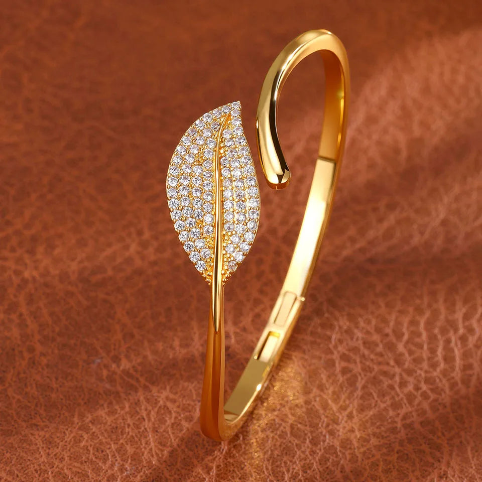 ZAKOL Buling Micro Inlaid Zircon Leaves Open Bracelet Fashion Dubai Gold and Silver Color Bridal Jewelry for Women Wedding Acces