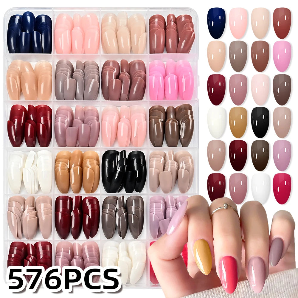 288/576pcs Short Almond Press On Nails Mixed Color Acylic Nail Extension Oval Full Cover False Nails for Women Glossy Fake Nails