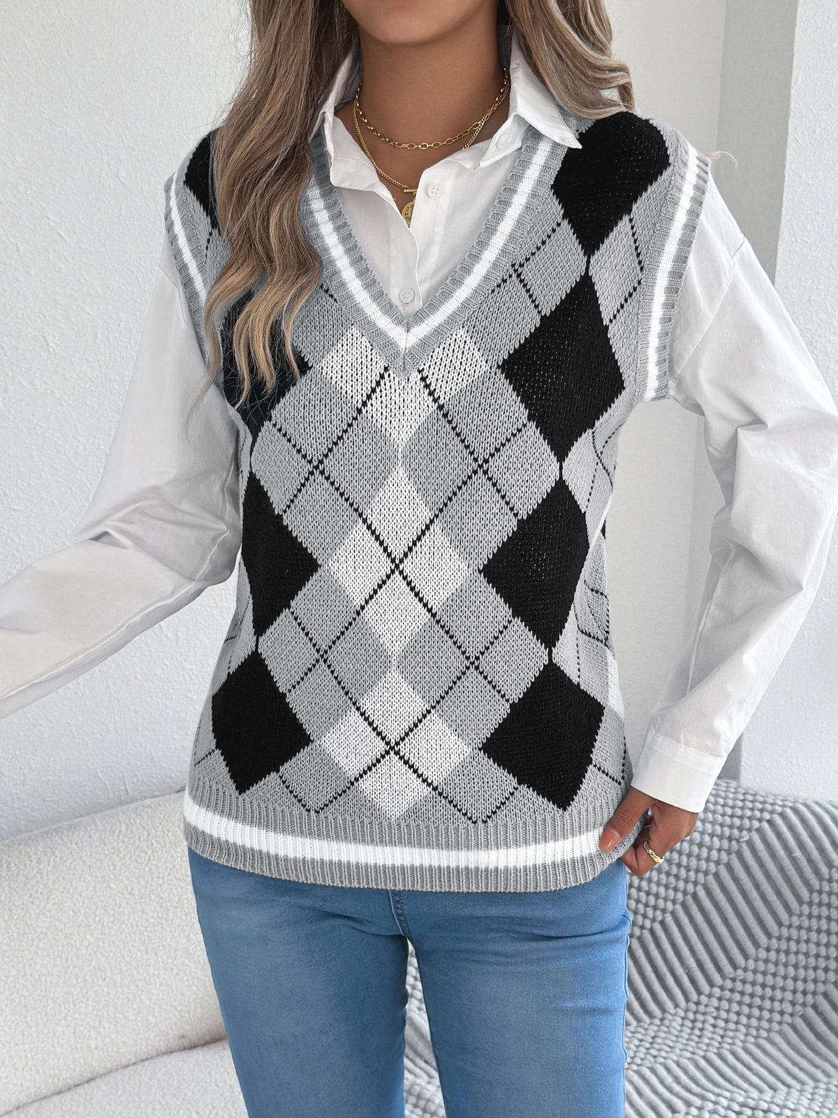 Autumn Winter Casual Knit Sweater Vest for Women 2026 Fashion V Neck Color Block Plaid Sleeveless Knitted Pullover Tops