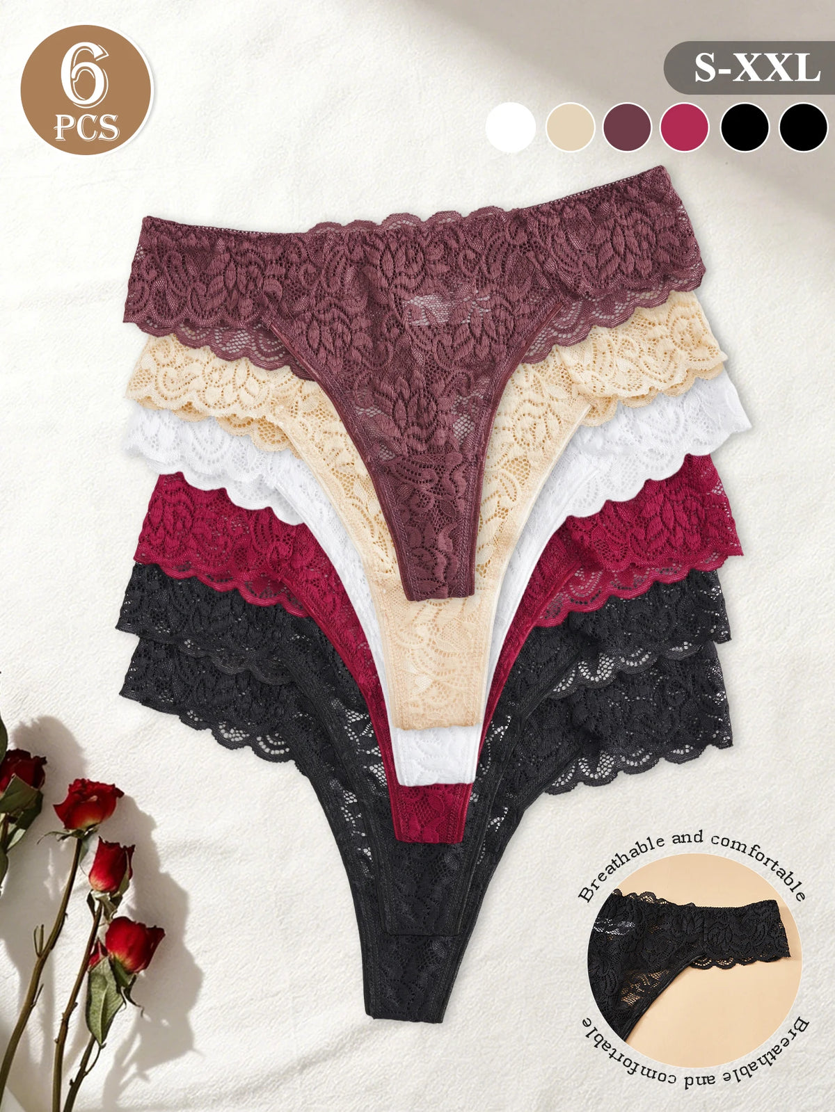 6-Pack Women's Sexy Semi-Sheer Lace Thong Soft Stretchy Low Waist Tanga Panties Floral Lace Breathable Daily Underpants S to XXL