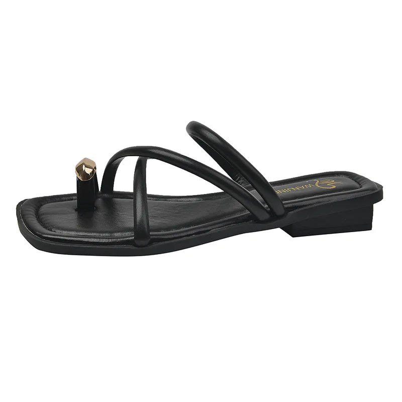 Women Summer Slippers Ladies Sandals Metal Decor Thong Flip Flop Low Heel Shoes Woman Outdoor Retro Brown Sandals Female