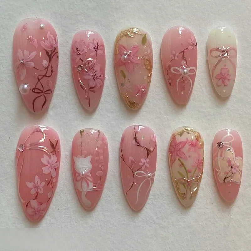 Sweet Pink Almond Press-On Nails with Bow & Heart – 24PCS