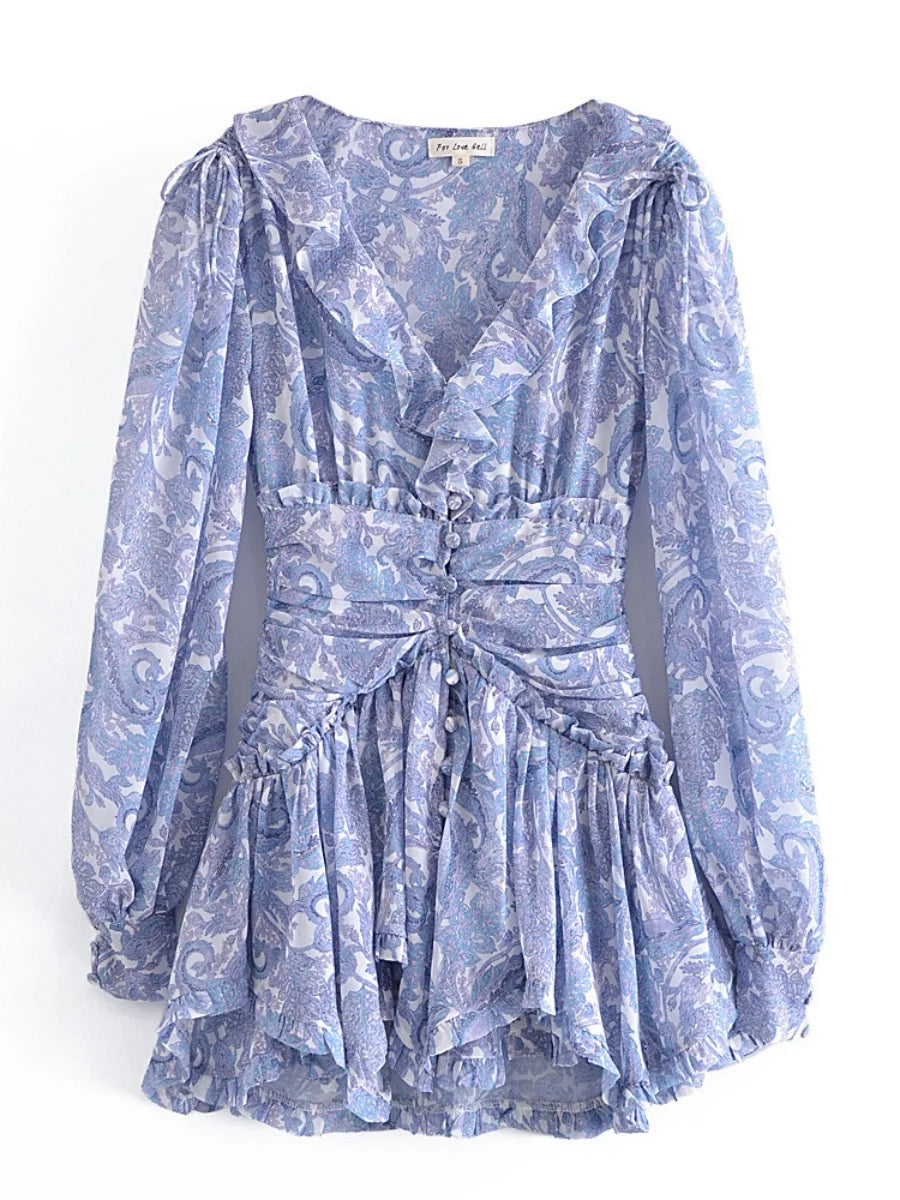Boho Chic Floral Print Ruffle Mini Dress Women's Long Puff Sleeve V Neck Slim Fit A-line Party Dresses New Female Club Vestidos