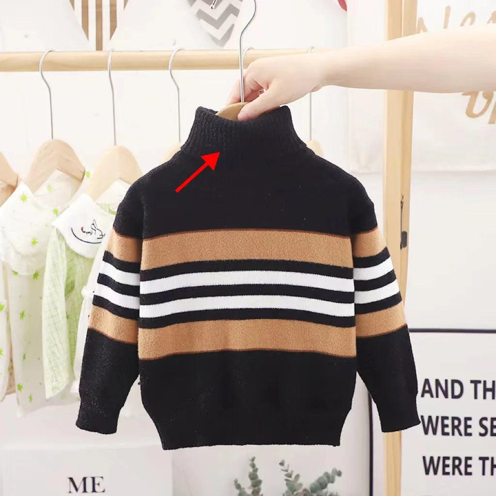 Winter Boys Sweater Stripe Design Full Sleeve High Collar Knitting Shirt For Kids Children Handsome Knitwear 2-6 Years