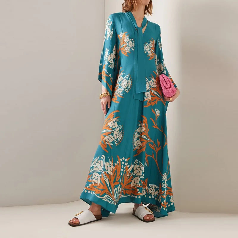Elegant Stand Collar Printed Dress – High Waist Long Sleeve Casual Party Wear | فستان نسائي أنيق بطبعة وياقة عالية – خصر مرتفع وأكمام طويلة لإطلالة كاجوال أو حفلات