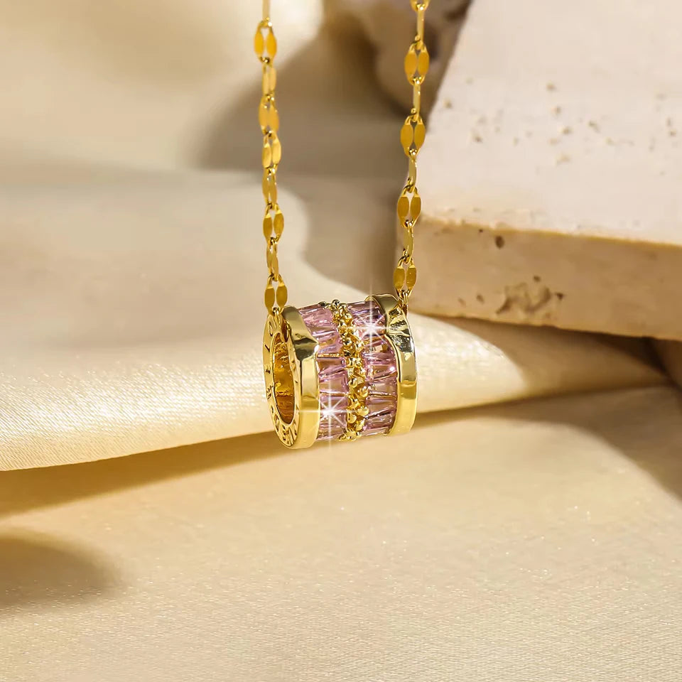 ZAKOL Y2K Stainless Steel Round Pendant Necklace For Women Girls Korea Style Beautiful Gold Color Metal Crystal Jewelry On Neck