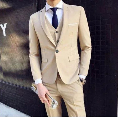 Spring Autumn New Fashion Men's Trendy Slim Business Solid Color 3 Pieces of Suits Sets Single Greasted Blazers Waistcoat Pants