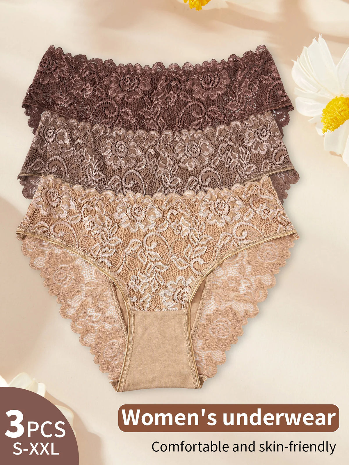 3PCS New Cotton Women's Panties Elegant Lace Floral Design Briefs Comfortable Fabric Solid Color Stylish & Breathable Underwear