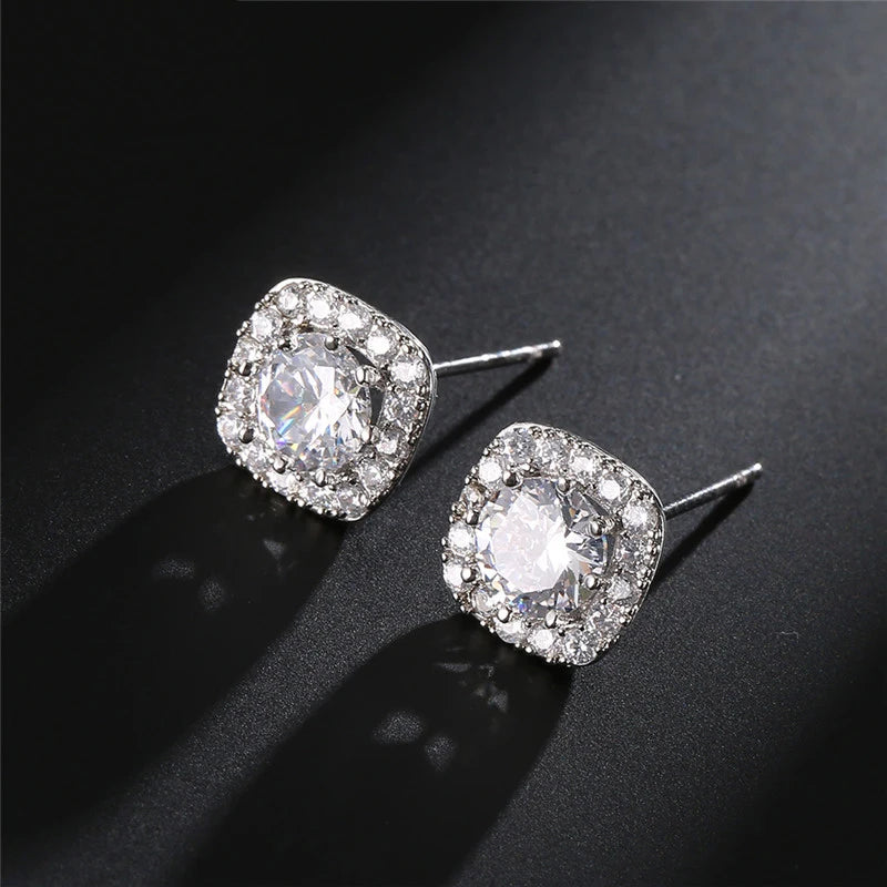 ZAKOL Classic White Square CZ Stud Earrings For Women Exquisite Round Cubic Zirconia Crystal Ear Jewelry Gift