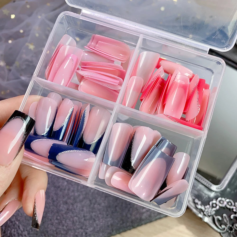96Pcs/box Pink Leopard Print Short Square False Nails 3D Bowknot Acrylic Full Cover French Fake Nails Wearable Press On Nails