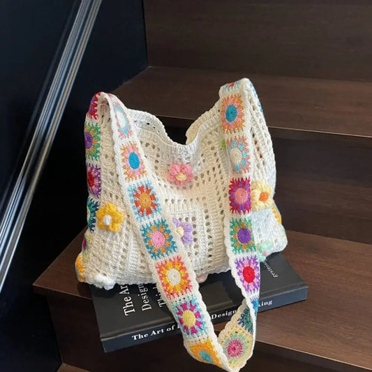 Boho Knitting Shoulder Bag Floral Large Capacity Bohemian Crochet Crossbody Bag Ethnic Style Lazy Style Casual Woven Handbag