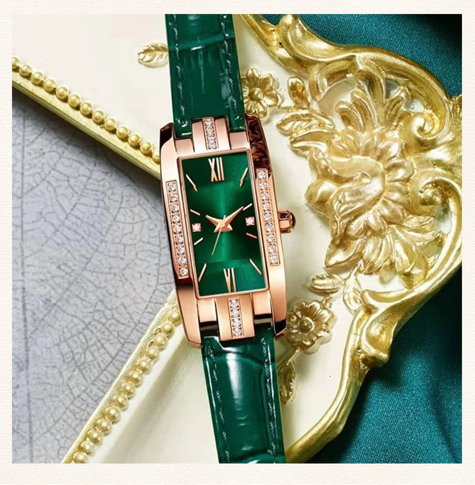 Womens Watches Fashion Square Ladies Quartz Watch Bracelet Set Green Dial Simple Leather Luxury Women Watches