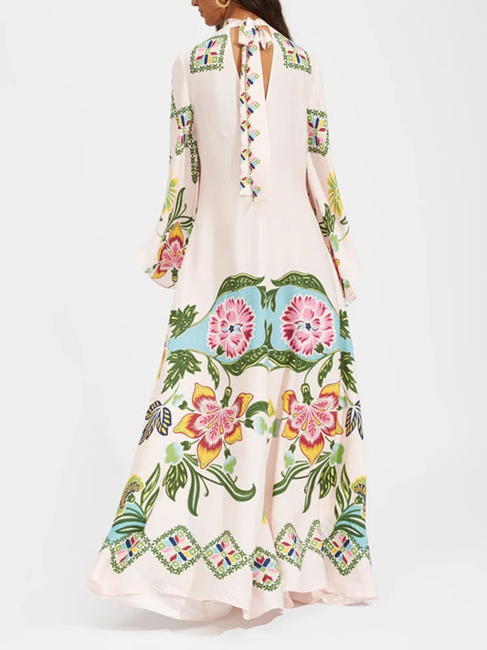 Elegant Stand Collar Printed Dress – High Waist Long Sleeve Casual Party Wear | فستان نسائي أنيق بطبعة وياقة عالية – خصر مرتفع وأكمام طويلة لإطلالة كاجوال أو حفلات