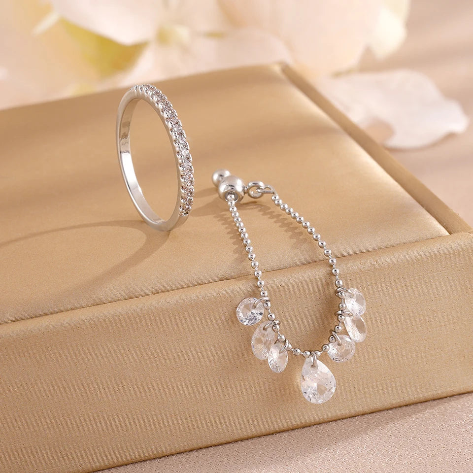 ZAKOL 2pcs/set Minimalist Fashion Zirconia Water Drop Crystal Pendant Ring Women's Daily Wear Exquisite Finger Jewelry