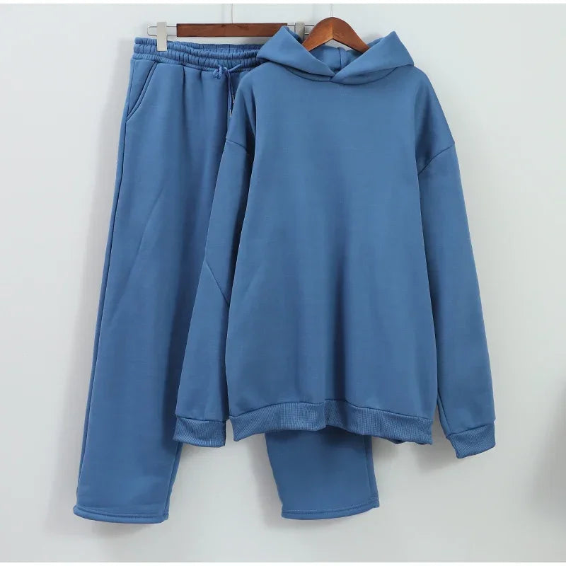 Solid Couple's Hooded Sweatshirt 2 Piece Set Casual Loose Sweatpants Suit Autumn Male Jogging Sweatshirt Trousers Outfits Suits