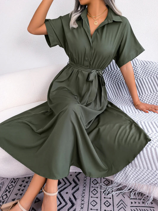 Spring Summer Slim Waist Lace Up Dresses for Women Casual Solid Color Turn Down Collar Short Sleeve A Line Dress Green Red Blue