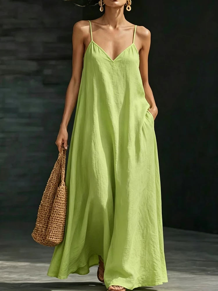 Women Linen Spaghetti Strap Maxi Dress V Neck Loose Swing Long Dress With Pockets Casual Summer Beach Vacation Sundress Ladies
