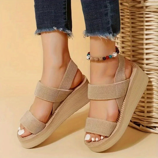 1pair Women's Minimalist Wedge Sandals Open Toe Thick Soled Platform Casual Sandals Ankle Strap Slingback Sandals Solid Color