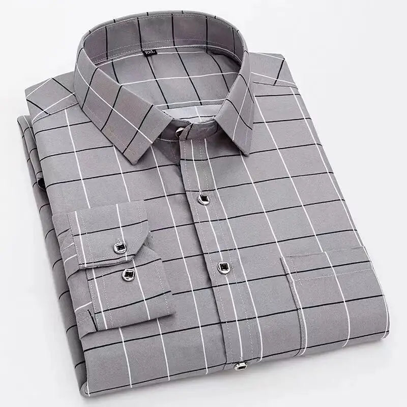 Mens Dress Shirts Striped Long Sleeve Plaid Checked Shirt Smart Casual Business Non-Ironing Korean Slim Fit Formal Blue White