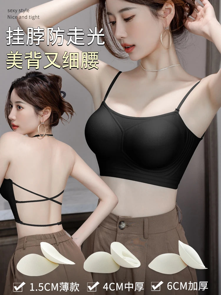 MOYISU Backless Halter Bra with Pads Cross Straps for Small Boobs, Volumizing Push Up Bralette, Strapless Plunge Dress Underwear