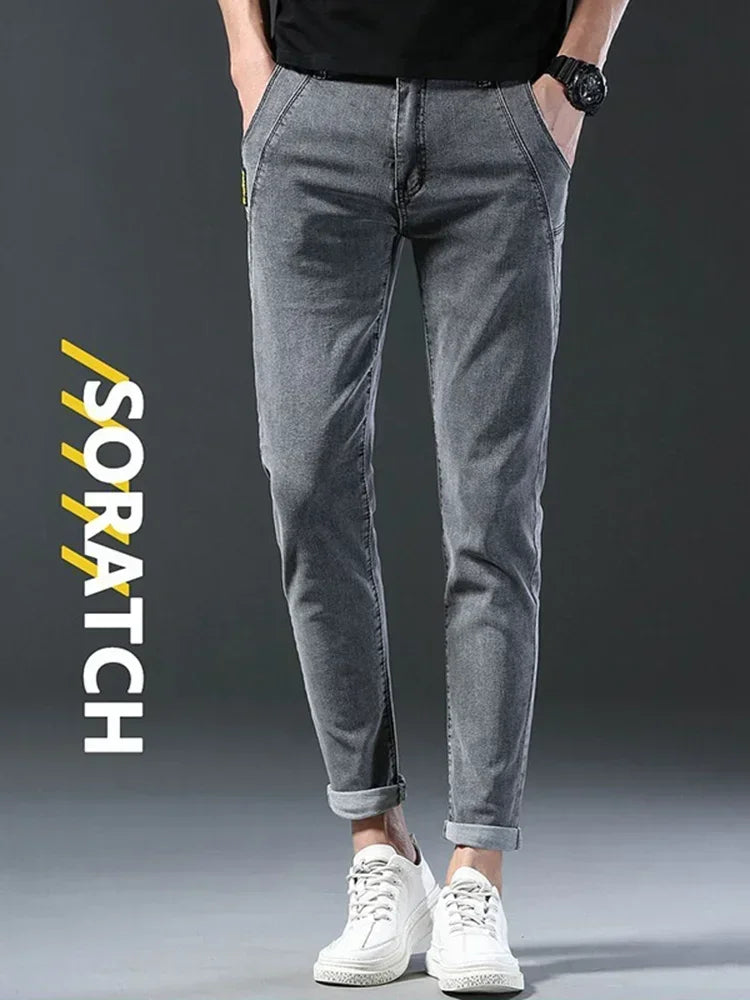 New Men Fashion Casual Business Denim Pants Male Slim Fit Straight Leg Trousers Stretch Solid Pants Size 27-38