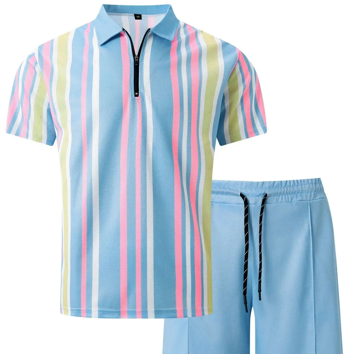 2025 summer new men's striped daily casual short-sleeved shorts two-piece sports casual men's suit
