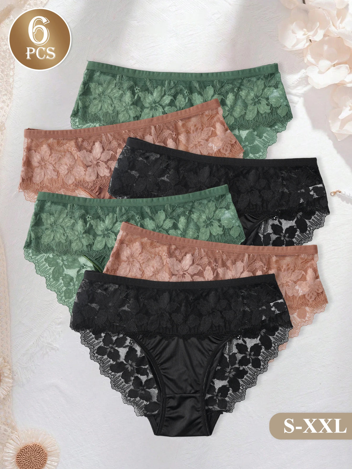 6 Pack Elegant Women's Lace Panties Solid Color Satin Mid-Rise Briefs Sexy Lace Floral Trim Breathable Ladies Underwear S-XXL 
