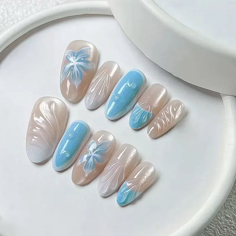 24PCS Pink Almond Press on Nails Full Cover Carved Flower 3D Ripples French Fake Nails for Women with Golden Pearl Wearable Nail