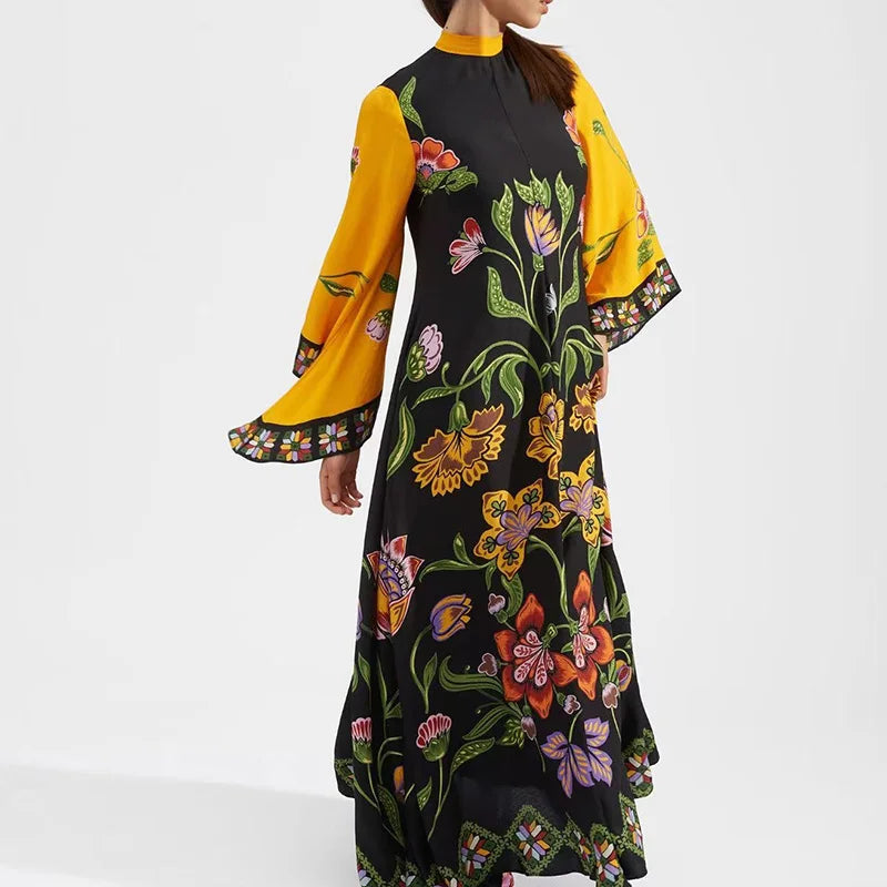 Elegant Stand Collar Printed Dress – High Waist Long Sleeve Casual Party Wear | فستان نسائي أنيق بطبعة وياقة عالية – خصر مرتفع وأكمام طويلة لإطلالة كاجوال أو حفلات