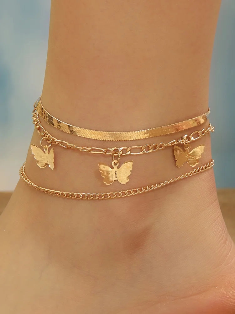 👣 Exquisite 3-Layer Beach Chain Anklet | خلخال صيفي أنيق بثلاث طبقات – إطلالة شاطئية راقية 🎀