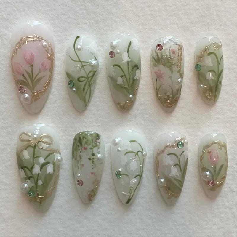 24pcs Sweet Detachable False Nails with Bowknots & Pearls – أظافر صناعية فاخرة قابلة للفك مزينة بفيونكات ولؤلؤ