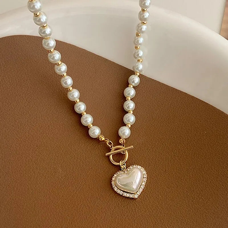 ✨ Elegant Pearl Heart Pendant Necklace – Korean Style Luxury Chain 🔷 عقد أنيق بلؤلؤ صناعي مع تعليقة قلب – تصميم فاخر كوري للنساء والبنات