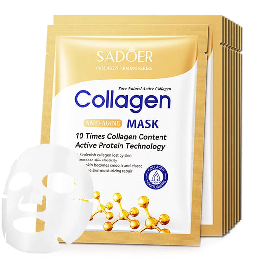 10-Piece Collagen Face Sheet Mask Set – Anti-Wrinkle, Moisturizing & Brightening Skincare | طقم 10 أقنعة ورقية بالكولاجين – لمكافحة التجاعيد، الترطيب، وتفتيح البشرة