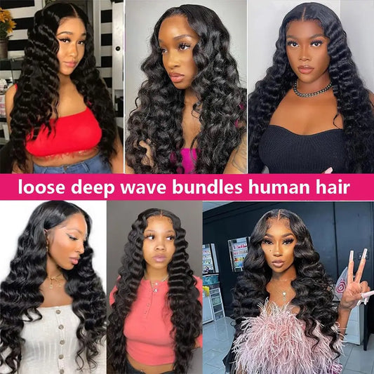 Loose Deep Wave Human Hair Bundles – 3 Unprocessed Natural Black Bundles (22", 24", 26") | خصلات شعر طبيعي مموج Loose Deep – 3 حزم من الشعر غير المعالج بطول 22، 24، 26 بوصة، باللون الأسود الطبيعي