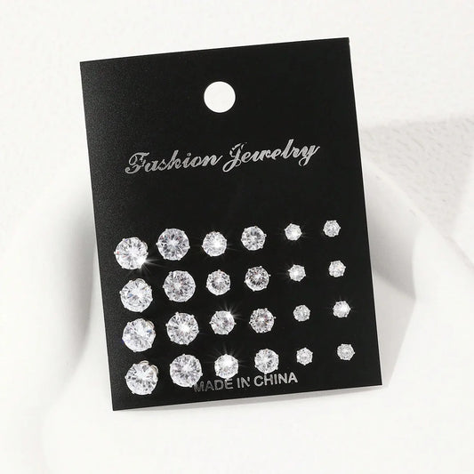 ✨ 12 Pairs Zirconia Stud Earrings – Luxurious, Simple & Shiny Gift Set 🔷 طقم 12 زوج من أقراط الزركونيا اللامعة – تصميم أنيق وبسيط هدية مثالية للأزواج والمناسبات