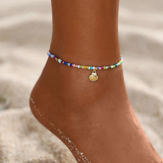 ✨ Bohemian Star Tassel Anklet – Handmade Gold Beaded Foot Bracelet 🔷 خلخال بوهيمي ذهبي مزين بنجوم وخرز وشرّابات – تصميم يدوي أنيق للشاطئ